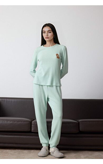 Pijama Takımı Regular Fit Waffle Uzun Kollu Üst Uzun Alt-Fall in Love