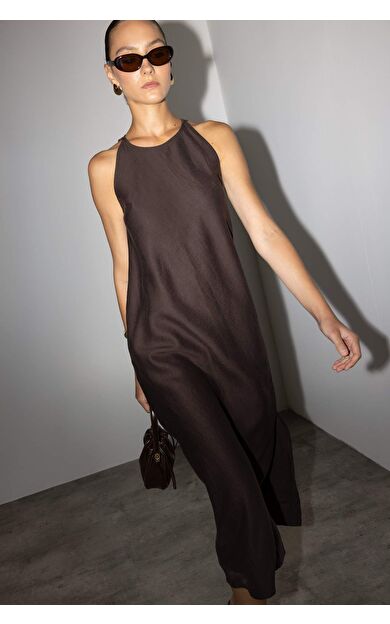 Halter Yaka Keten Kolsuz Maxi Elbise