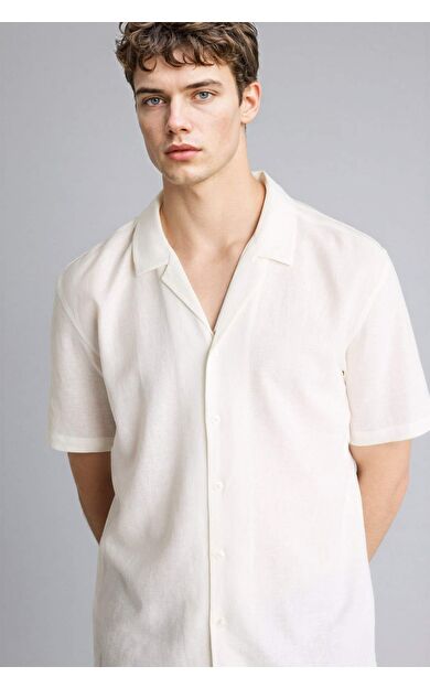 Regular Fıt Polo Yaka Keten Karışımlı Kısa Kollu Gömlek