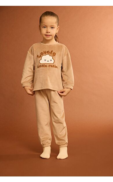 DeFacto Kız Bebek Pijama Takımı Bulut Baskılı Uzun Kollu Welsoft Pelüş Üst Uzun Alt