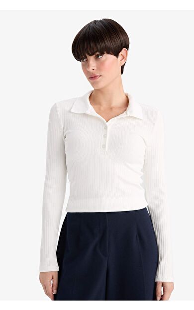 Slim Fit Dar Kesim Polo Yaka Basic Düz Fitilli Kaşkorse Uzun Kollu Tişört