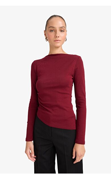 DeFacto Slim Fit Dar Kesim Kayık Yaka Ribana Uzun Kollu Tişört G1581AX25AUBR115