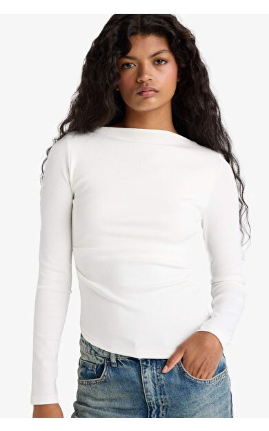 Slim Fit Dar Kesim Kayık Yaka Ribana Uzun Kollu Tişört G1581AX25AUER105