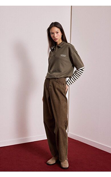 Baggy Fit Fermuarlı Normal Bel Standart Boy Kadife Pantolon