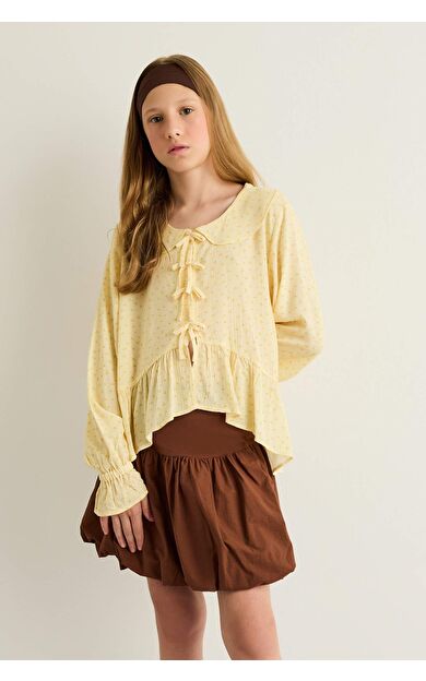 Kız Çocuk Önden Bağlamalı Desenli Uzun Kollu Bluz