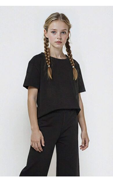 Kız Çocuk Overshirt Fit Bisiklet Yaka Tatlı Baskılı Kol Baskılı Kısa Kollu Tişört