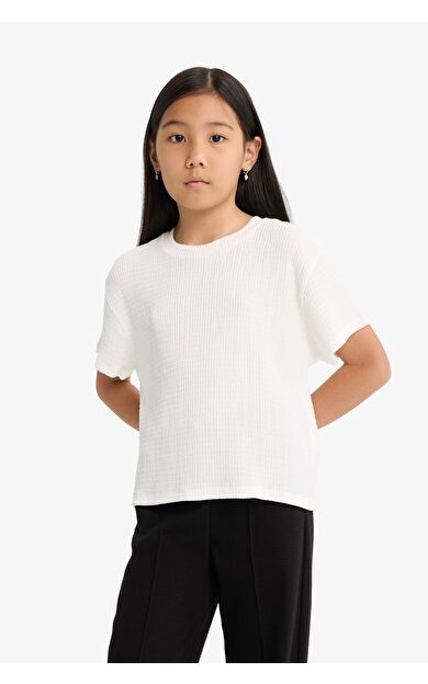 DeFacto Kız Çocuk Oversize Geniş Kalıp Bisiklet Yaka Kısa Kollu Tişört