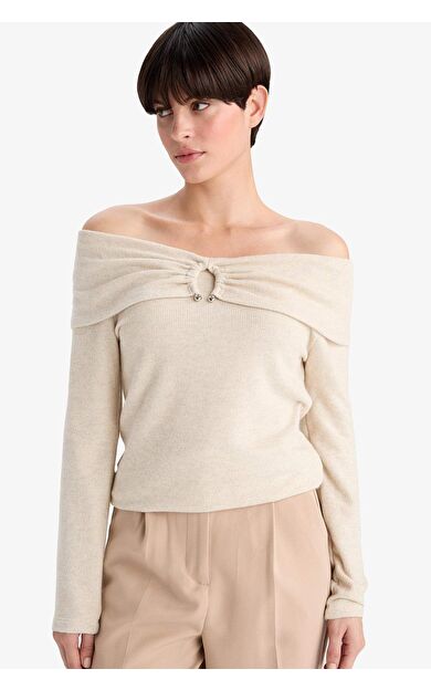 Slim Fit Dar Kesim Omzu Açık Uzun Kollu Tişört