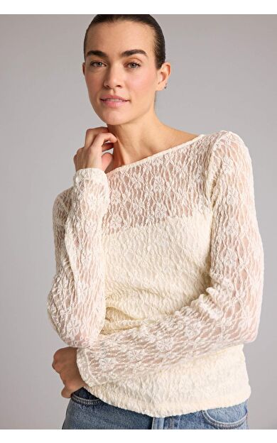Fıtted Kayık Yaka Dantel Uzun Kollu Bluz