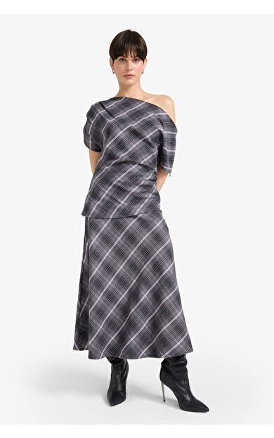 A Kesim Kareli Normal Bel Twill Midi Etek