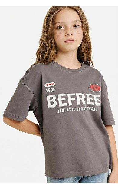 Oversıze Bisiklet Yaka Slogan Baskılı Kısa Kollu Tişört Kız Çocuk