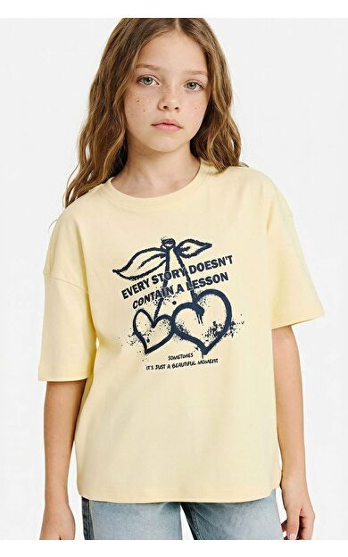 Oversıze Bisiklet Yaka Slogan Baskılı Kısa Kollu Tişört Kız Çocuk
