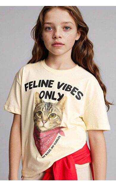 DeFacto Oversıze Bisiklet Yaka Hayvan Desenli Kısa Kollu Tişört Kız Çocuk