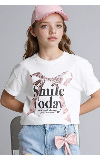 DeFacto Relax Fıt Bisiklet Yaka Slogan Baskılı Kısa Kollu Tişört Kız Çocuk
