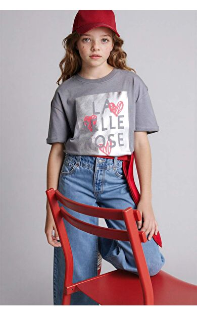 DeFacto Relax Fıt Bisiklet Yaka Slogan Baskılı Kısa Kollu Tişört Kız Çocuk