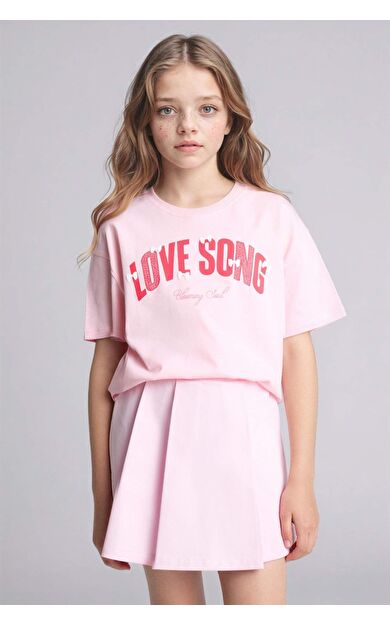 DeFacto Oversıze Bisiklet Yaka Slogan Baskılı Kısa Kollu Tişört Kız Çocuk