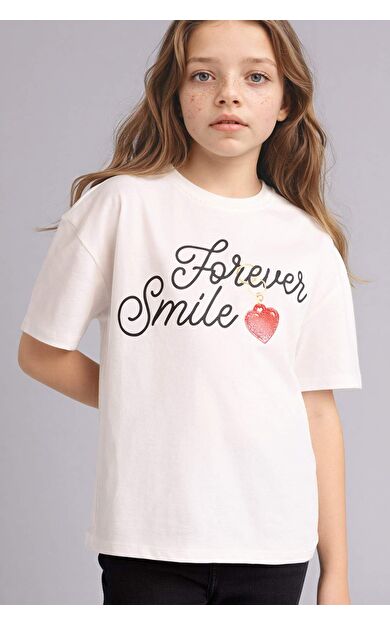 Oversıze Bisiklet Yaka Baskılı Kısa Kollu Tişört Kız Çocuk