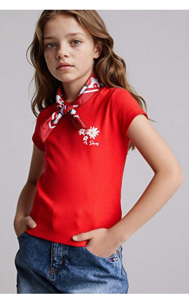 DeFacto Çiçekli İşlemeli Tişört Kız Çocuk