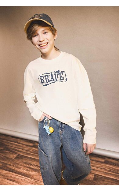 Erkek Çocuk Oversize Geniş Kalıp Bisiklet Yaka Baskılı Uzun Kollu Tişört G1814A825AUWT32