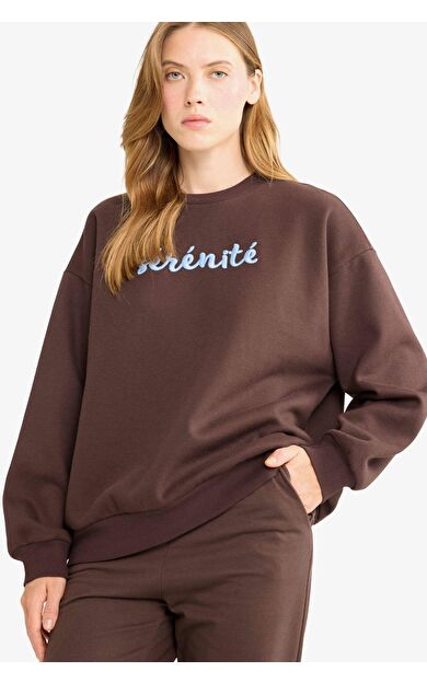 Oversize Geniş Kalıp Bisiklet Yaka Slogan Baskılı Kalın Sweatshirt Kumaşı Sweatshirt G1823AX25WNBN267