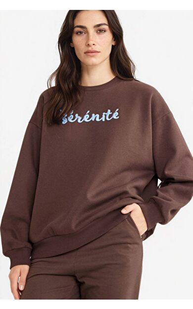DeFacto Oversize Geniş Kalıp Bisiklet Yaka Slogan Baskılı Kalın Sweatshirt Kumaşı Sweatshirt G1823AX25WNBN267