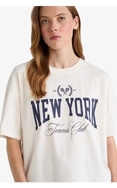 Oversize Geniş Kalıp Bisiklet Yaka Baskılı Kısa Kollu Tişört G1880AX25AUER105