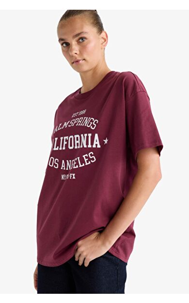 Oversize Geniş Kalıp Bisiklet Yaka Baskılı Kısa Kollu Tişört G1881AX25AUBR170