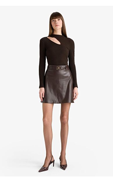 A Kesim Normal Bel Suni Deri Mini Etek