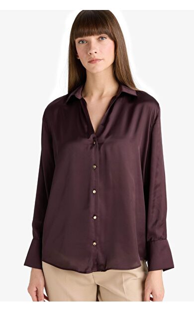 Regular Fit Gömlek Yaka Saten Uzun Kollu Gömlek G1920AX25AUBN277