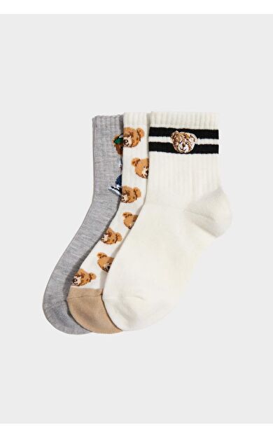 Ayıcıklı 3'lü Pamuklu Uzun Çorap Erkek Çocuk