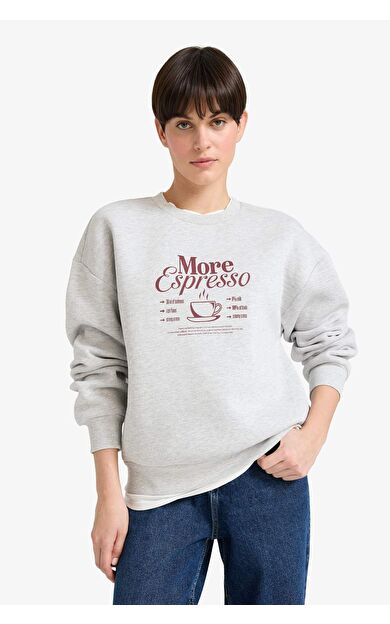 Relax Fit Bisiklet Yaka Baskılı Kalın Sweatshirt