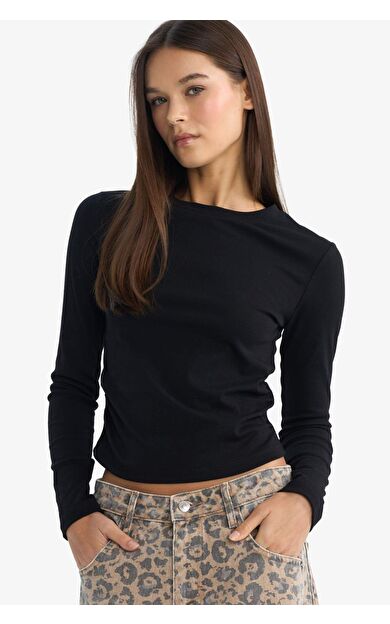 Fitted Bisiklet Yaka Ribana Uzun Kollu Tişört