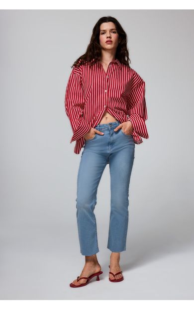 DeFacto Crop Flare Fıt Yüksek Bel Bilek Boy Jean Yıkamalı Pantolon Mavi G2217AX26AUNM28