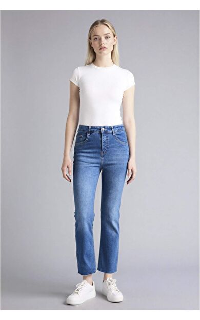 Crop Flare Fıt Yüksek Bel Bilek Boy Jean Yıkamalı Pantolon