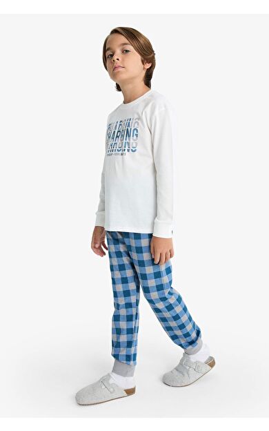 Erkek Çocuk Pijama Takımı Baskılı Uzun Kollu Üst Kareli Uzun Alt