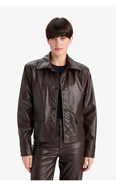 DeFacto Regular Fit Bebe Yaka Suni Deri Blazer Ceket