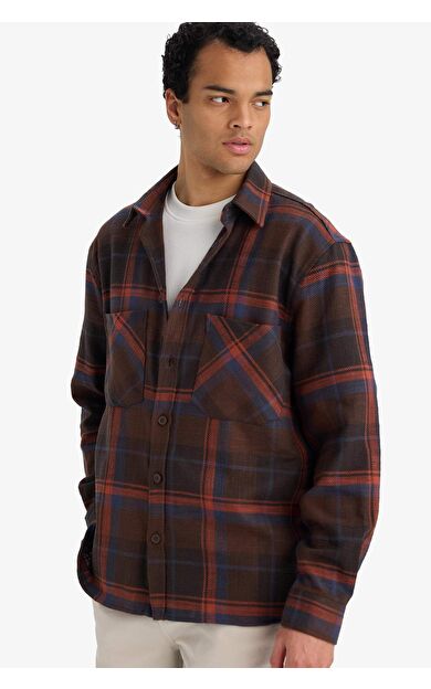 Regular Fit Polo Yaka Kareli Flanel Uzun Kollu Gömlek