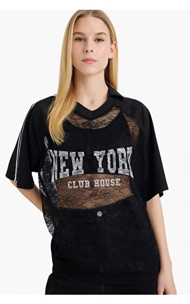 Oversıze Baskılı Dantel Tişört