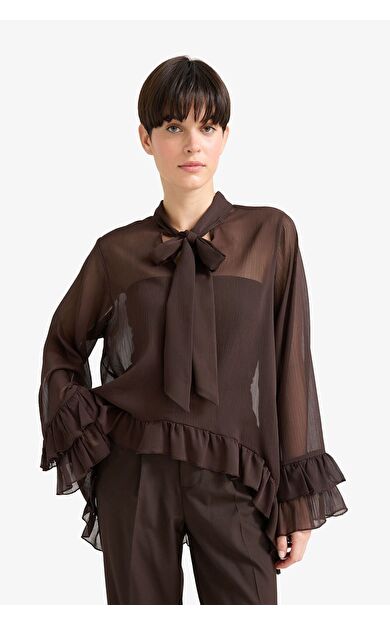 DeFacto Overshirt Fit Fiyonk Yaka Şifon Uzun Kollu Bluz