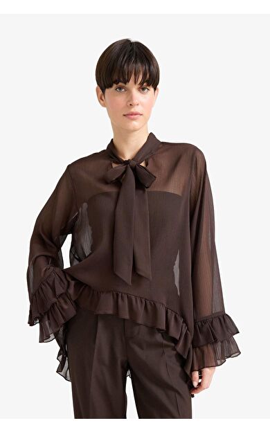 Overshirt Fit Fiyonk Yaka Şifon Uzun Kollu Bluz