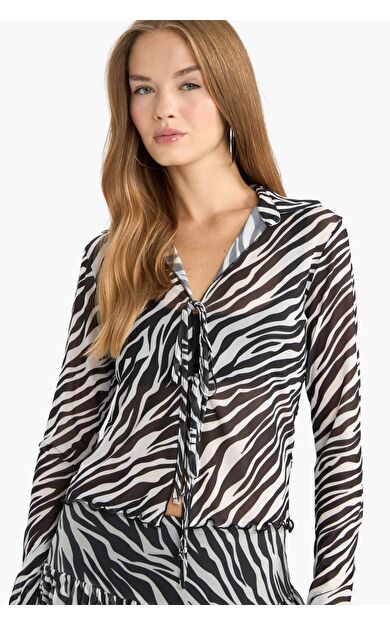 Fitted Polo Yaka Tül Uzun Kollu Tişört