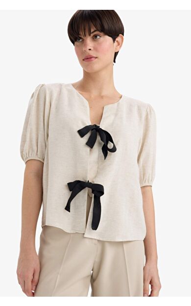 Regular Fit Bisiklet Yaka Keten Karışımlı Uzun Kollu Bluz