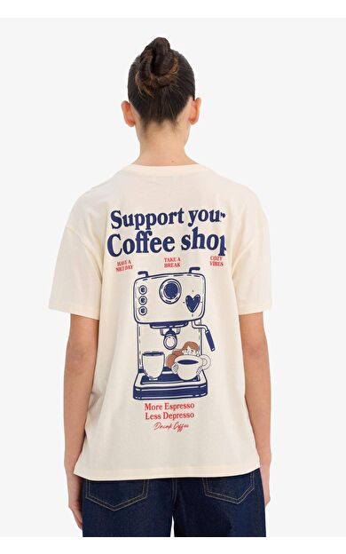 Overshırt Fıt Bisiklet Yaka Baskılı Kısa Kollu Tişört