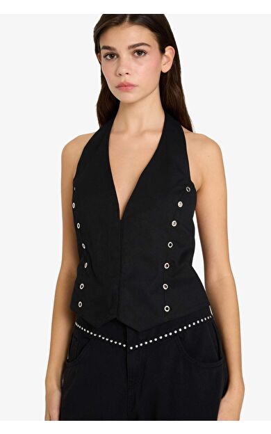 Halter Yaka Gabardin Yelek