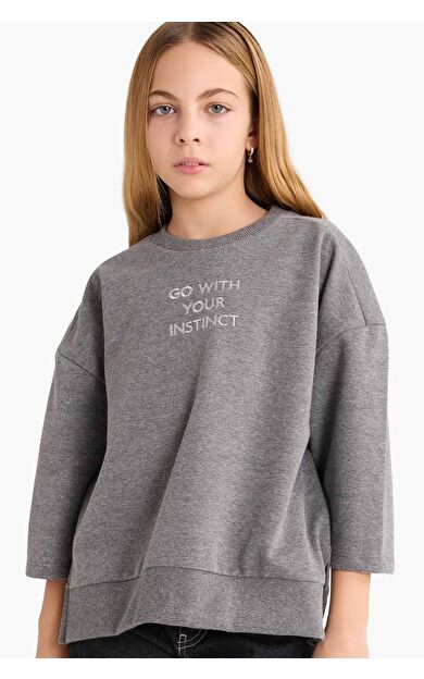 Kız Çocuk Oversize Geniş Kalıp Bisiklet Yaka Tatlı Baskılı Sweatshirt