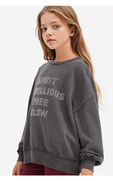 DeFacto Kız Çocuk Oversize Geniş Kalıp Bisiklet Yaka Tatlı Baskılı Sweatshirt