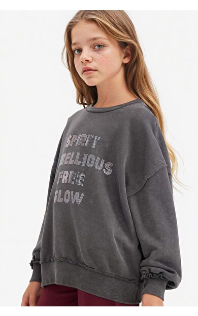 Kız Çocuk Oversize Geniş Kalıp Bisiklet Yaka Tatlı Baskılı Sweatshirt