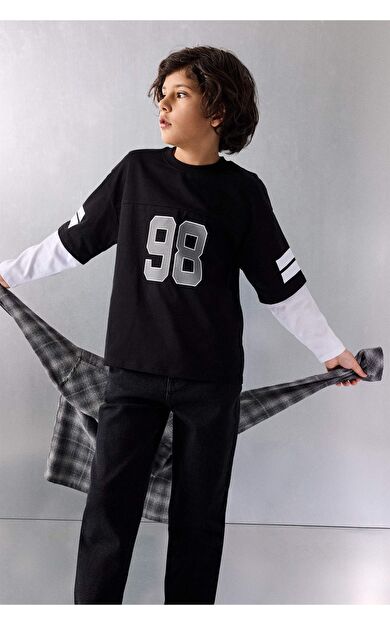 New Regular Fıt Bisiklet Yaka Slogan Baskılı Uzun Kollu Tişört Erkek Çocuk