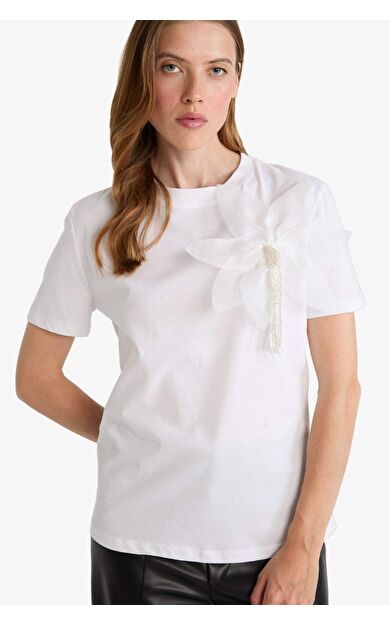 Relax Fit Bisiklet Yaka İşlemeli Penye Kısa Kollu Tişört G2507AX25AUWT83