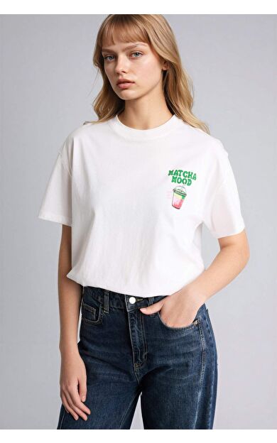 DeFacto Oversıze Bisiklet Yaka Baskılı Kısa Kollu Tişört